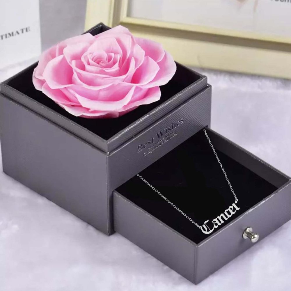 Preserved Rose Flower In a Acrylic Box with Silver Plated Cancer Zodiac Necklace
